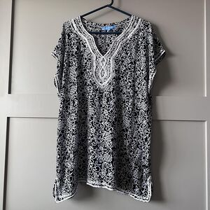 blue ginger Swim Cover Up Women XL Black Tunic V-Neck Lace Pineapple Hawaiian